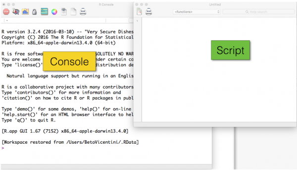  Imagem de uma sessão do R para Mac OSX com um janela de script aberta além do console.